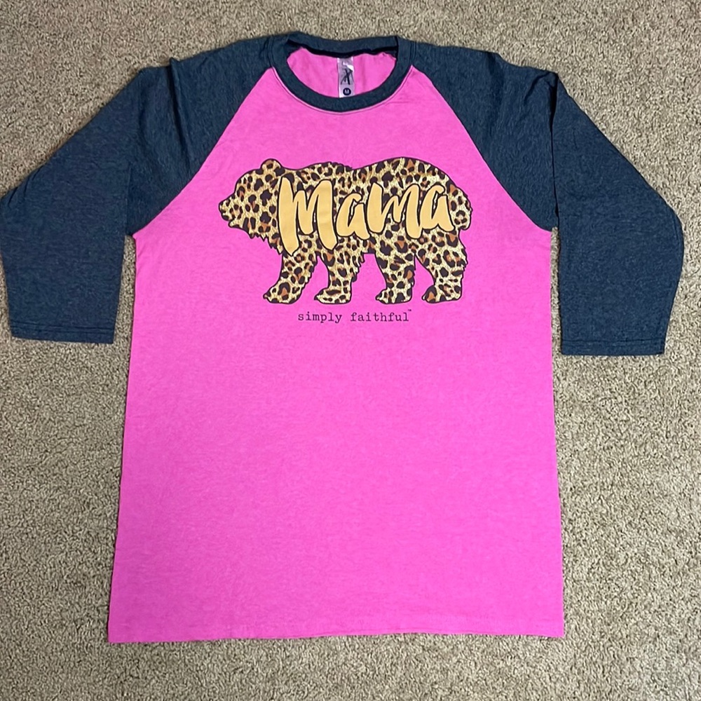 Mama Bear - Simply Faithful - Leopard Background - Hot Pink 3/4 Sleeve